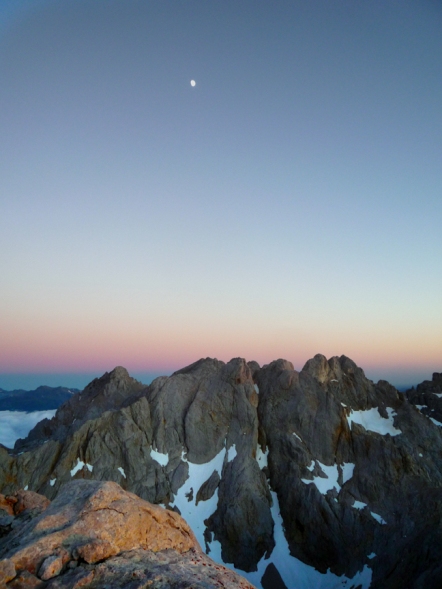 Moon high over the Picos, lighting our way down